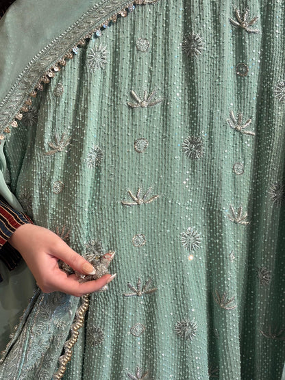Cement Green Sequinned Georgette Chikankari Anarkali