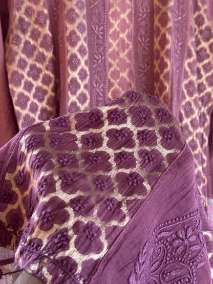 Purple Zari Chanderi Chikankari A Line Kurta with Slip
