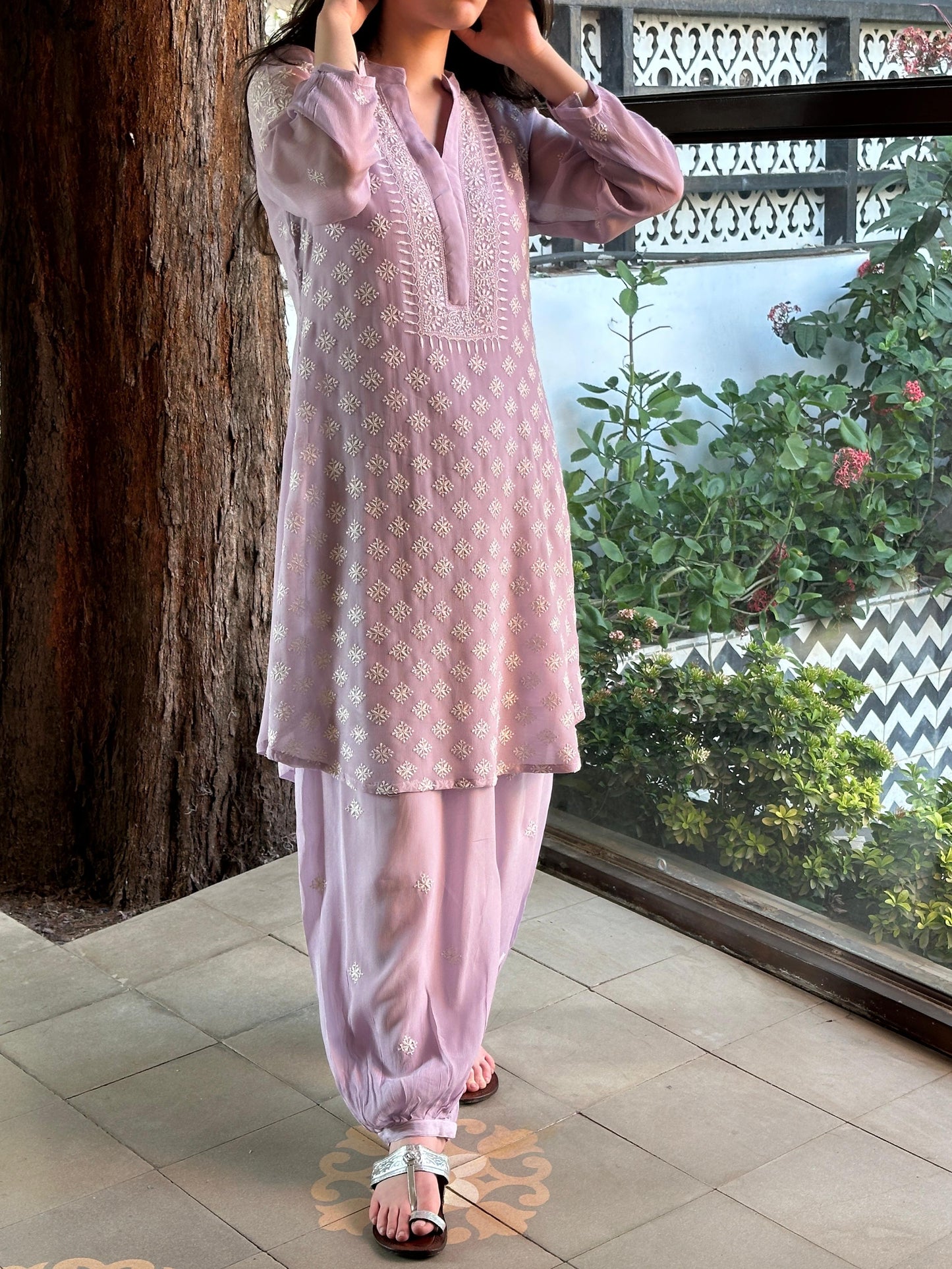 Lavender Chiffon Afghani Shalwar Chikankari Coord Set - Fine Chikankari Work