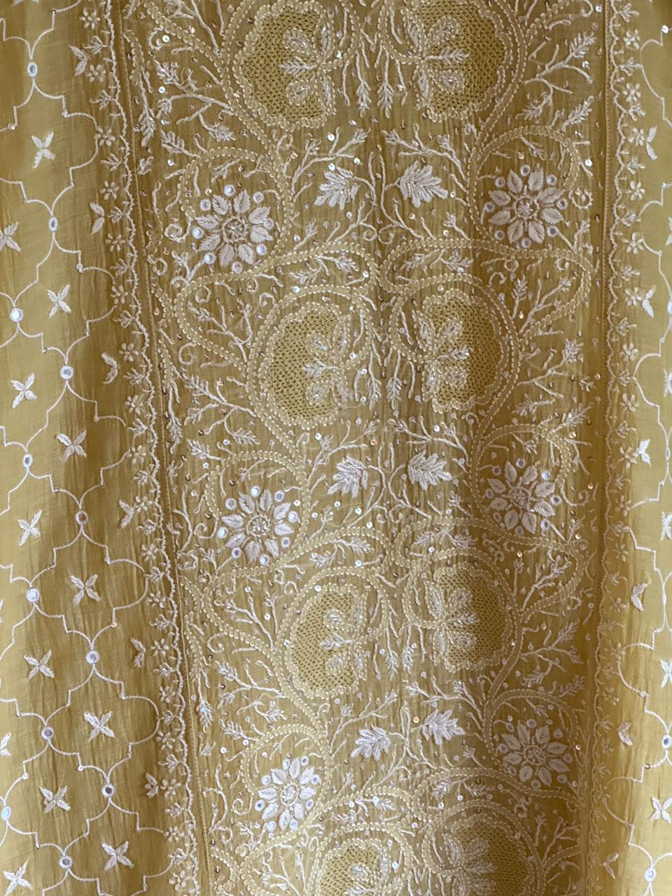 Yellow Shade Malmal Pearl White Chikankari Ready to Wear Kurta Set