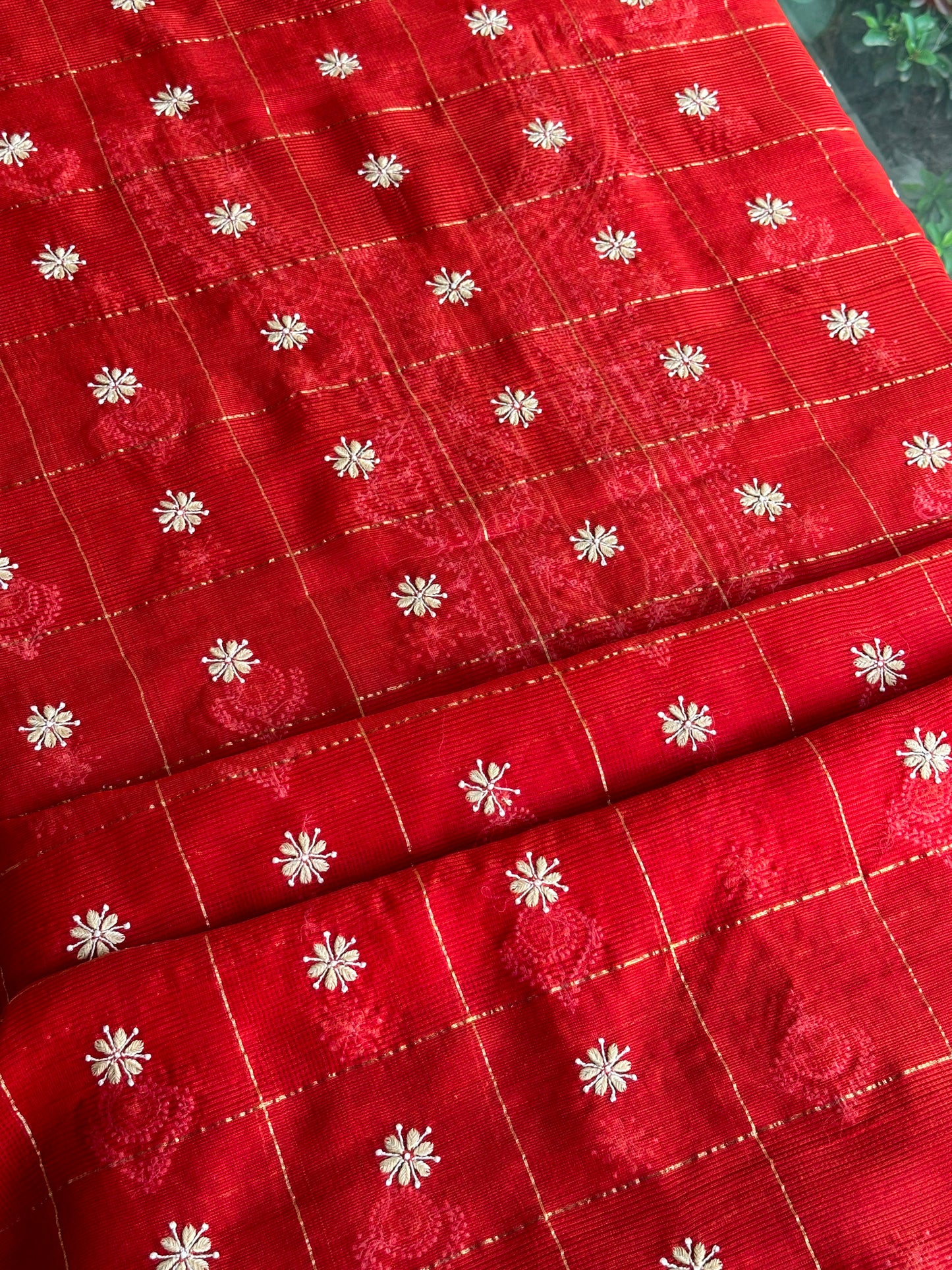 Red Shade Tissue Zari Kota Chikankari Unstitched Fabric