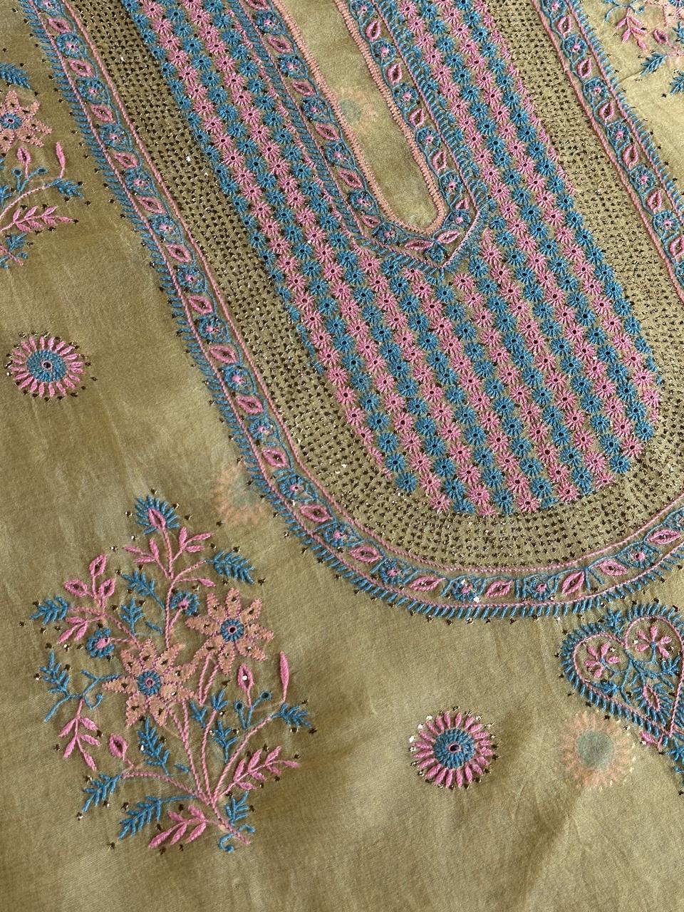 Yellow Multi Shade Organza Silk Chikankari Unstitched Fabric
