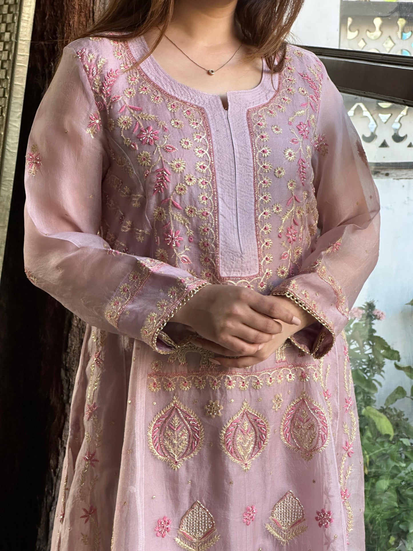 Mauve Pink Shade Noor Organza Chikankari A Line Kurta With Dupatta