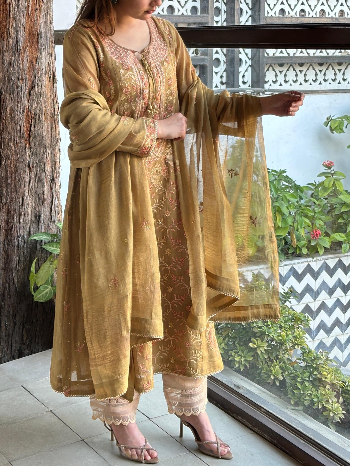 Mustard Shade Tissue Silk Chikankari Anarkali With Ari Work