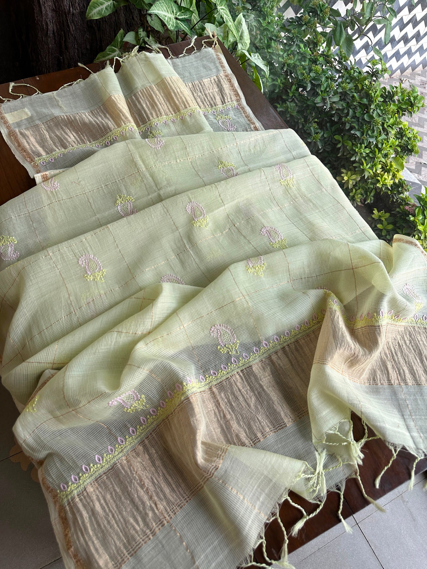 Olive Green Shade Tissue Zari Kota Chikankari Unstitched Fabric