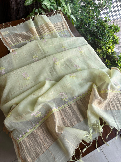 Olive Green Shade Tissue Zari Kota Chikankari Unstitched Fabric