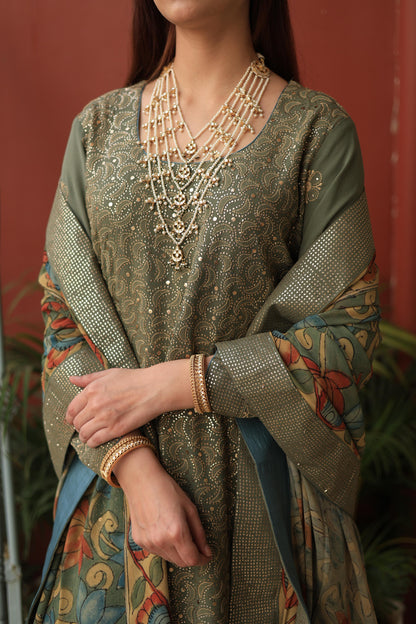 Mehndi Green Chikankari Pure Georgette Kurta Gharara Set with Kalamkari Dupatta