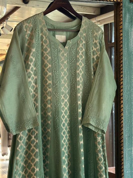 Green Zari Chanderi Chikankari A Line Kurta with Slip