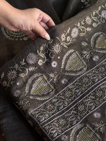Goldish Black Shade Tissue Silk Chikankari Unstitched Fabric