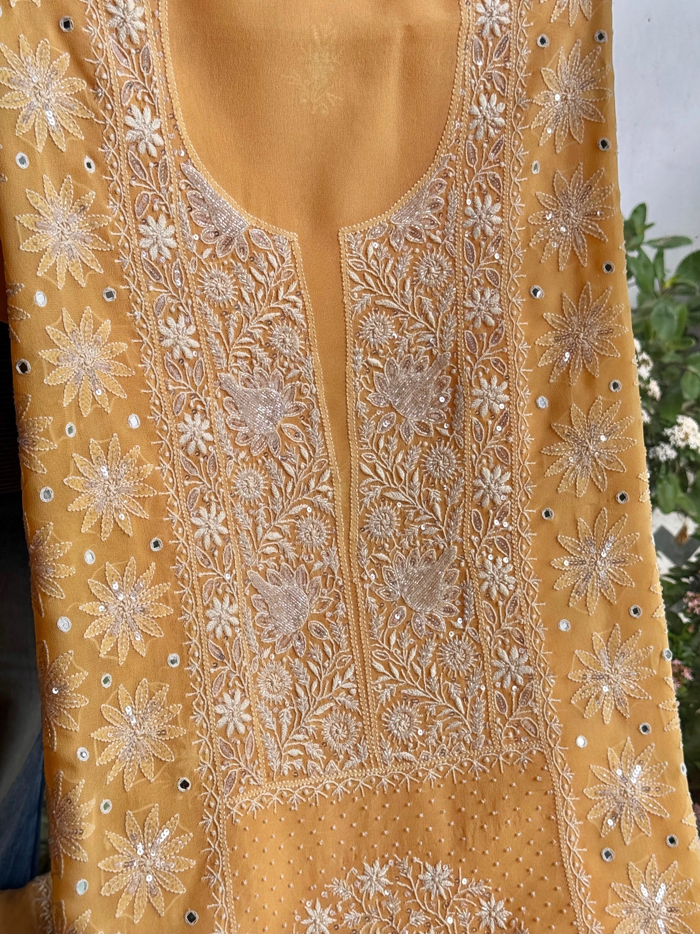 Melon Yellow shade Georgette Mirror Work Chikankari Kurta Dupatta Set