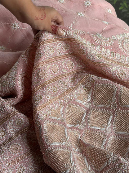 Soft Pink Heavy Organza Chikankari Saree With Blouse
