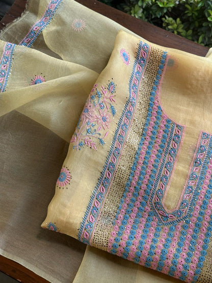 Yellow Multi Shade Organza Silk Chikankari Unstitched Fabric