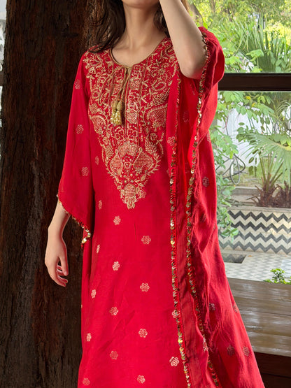 Red Zari Chanderi Chikankari Kaftan