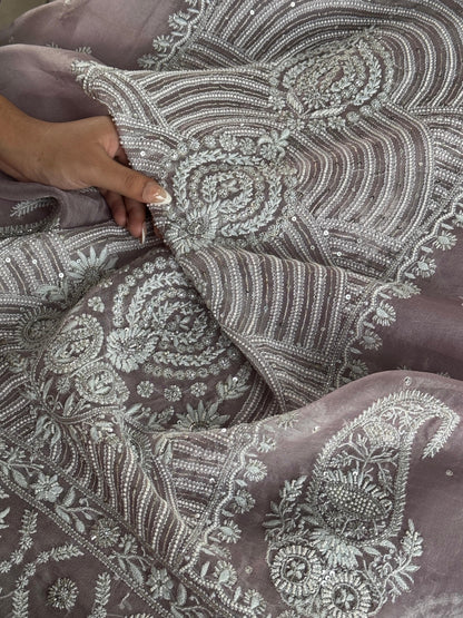 Old Lavender Shade Noor Banarasi Organza Chikankari Unstitched Fabric