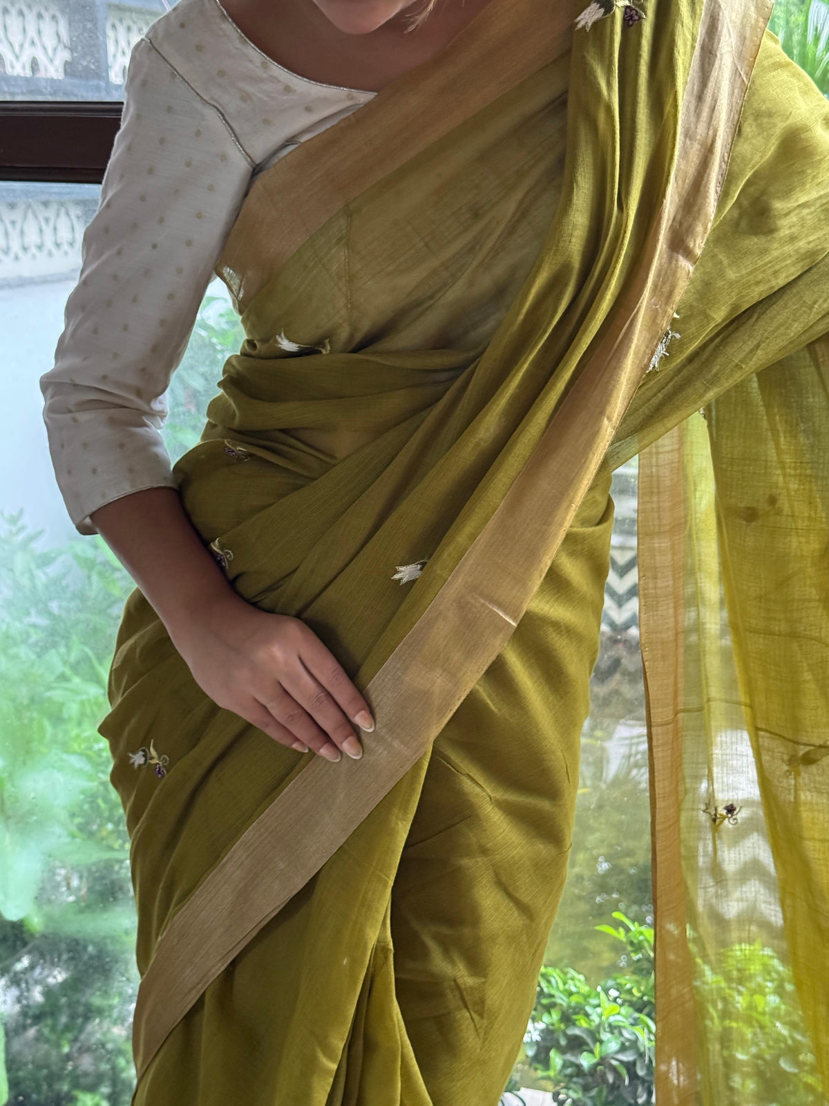 Green Shade Tussar Silk Gheecha Palla Kota Mukaish Resham Saree