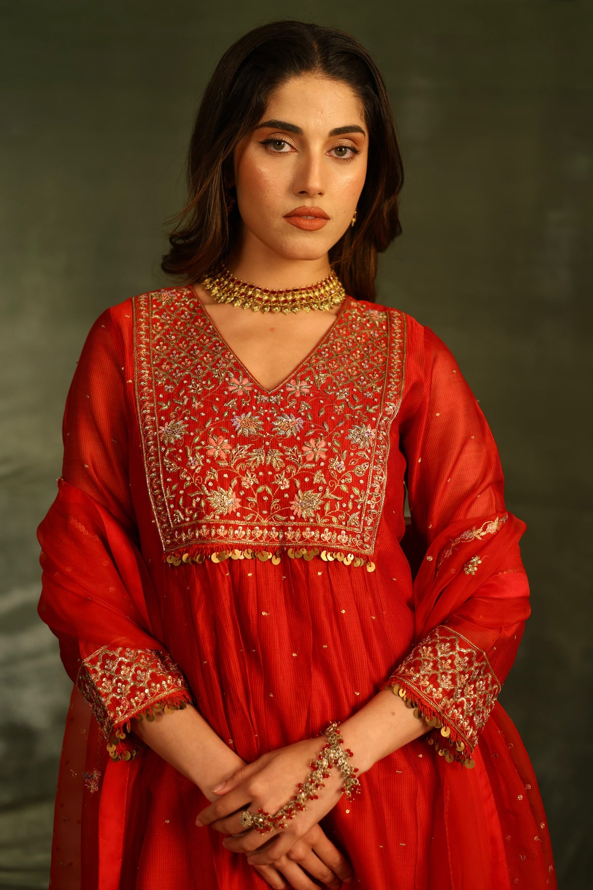 Red & Purple Maheshwari Silk Awadhi Zardosi Kurta Set