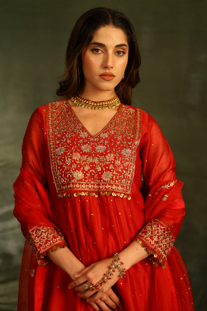 Red & Purple Maheshwari Silk Awadhi Zardosi Kurta Set