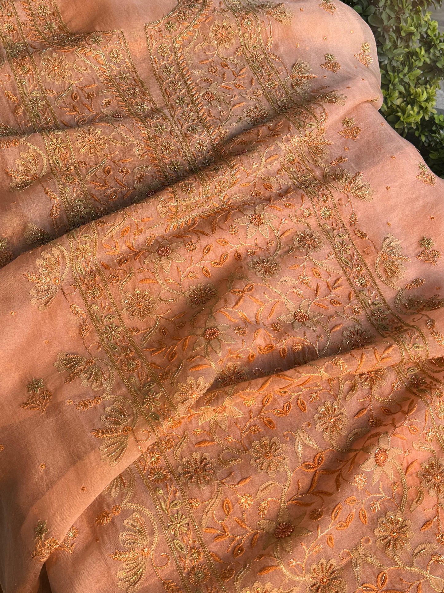 Floral Soft Peach Shade Noor Organza Chikankari Unstitched Fabric