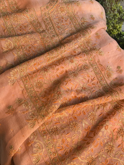 Floral Soft Peach Shade Noor Organza Chikankari Unstitched Fabric