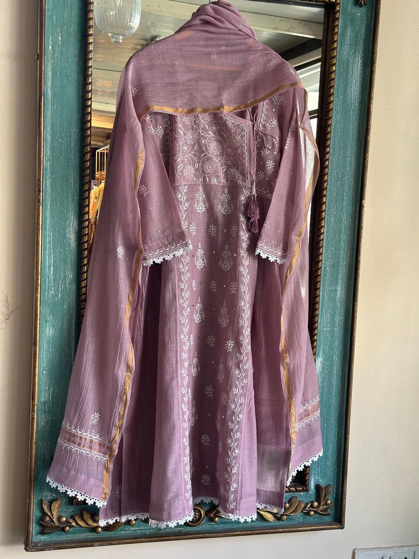 Lavender Shade Malmal Mukaish Kamdani Chikankari Kalidar Angarkha