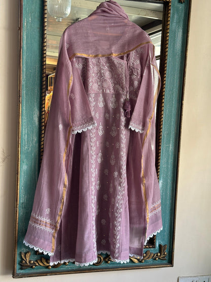 Lavender Shade Malmal Mukaish Kamdani Chikankari Kalidar Angarkha