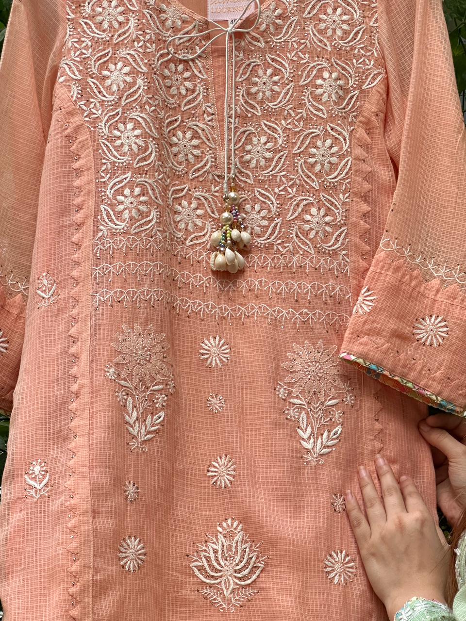 Peach Shade Kota Applique Chikankari Kurta Dupatta Set