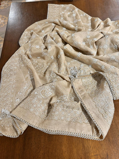 Natural Shade Fine Chikankari Ari Tissue Silk Dupatta