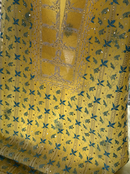 Lemon Yellow & Aqua Noor Organza Silk Chikankari With Kamdani Fabric
