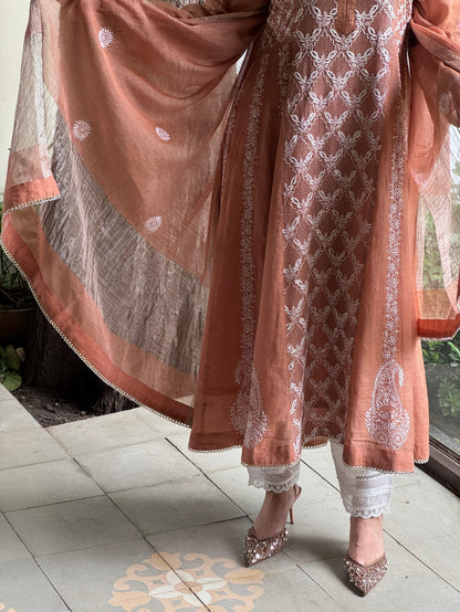 Coral Peach Shade Tissue Silk Chikankari Work Kalidar Kurta Dupatta Set