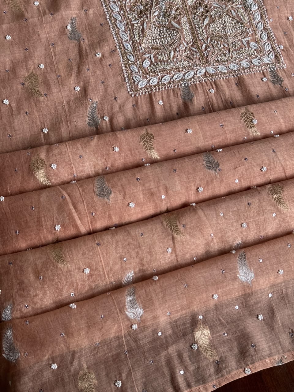 Almond Peach Shade Banarasi Zari Chanderi Unstitched Chikankari Fabric
