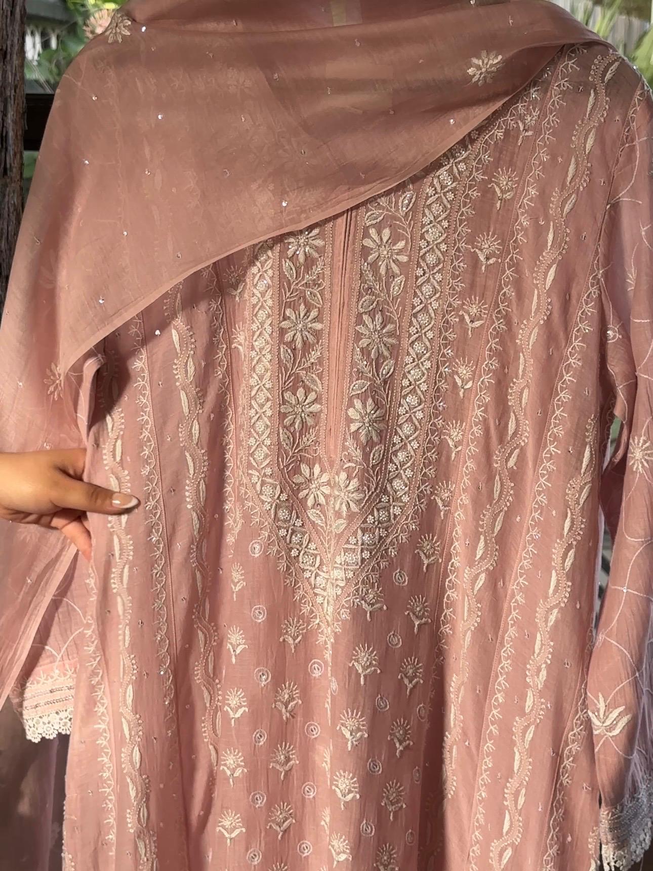 Pink Shade Malmal Pearl Work Chikankari Anarkali