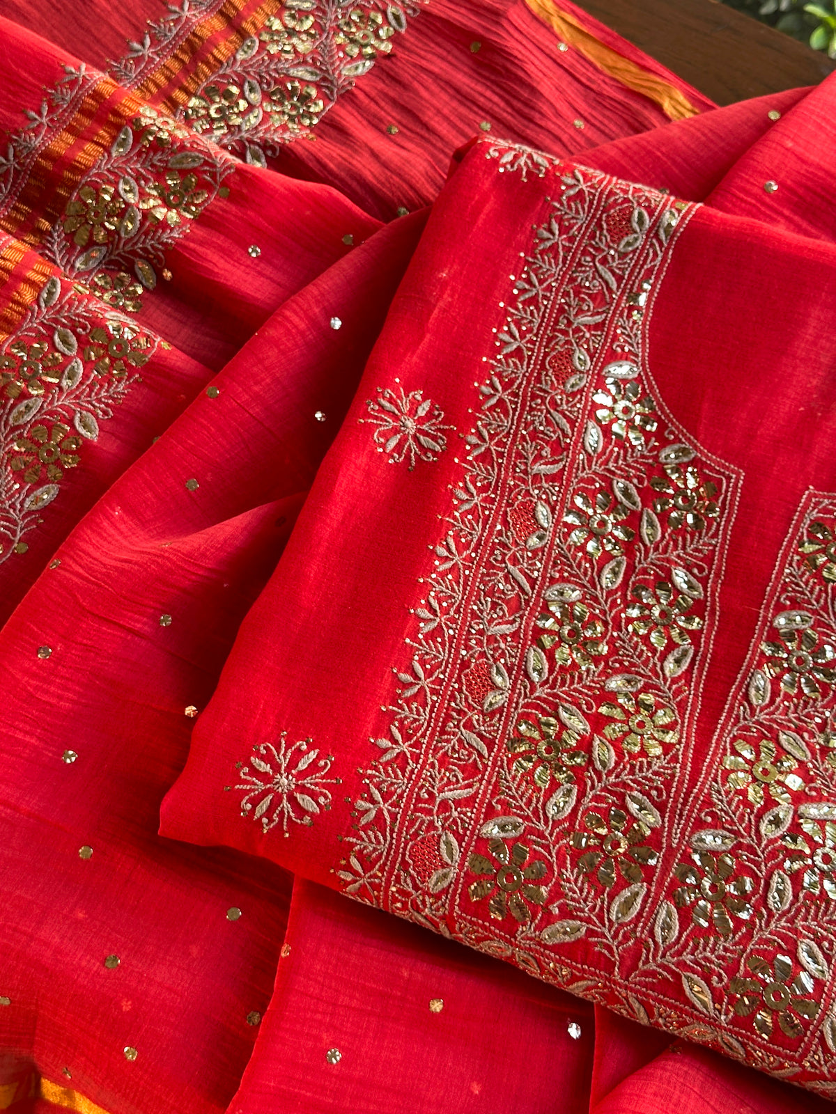 Red Shade Mal Cotton Chikankari Unstitched Kurta Dupatta Fabric With Mukaish Badla