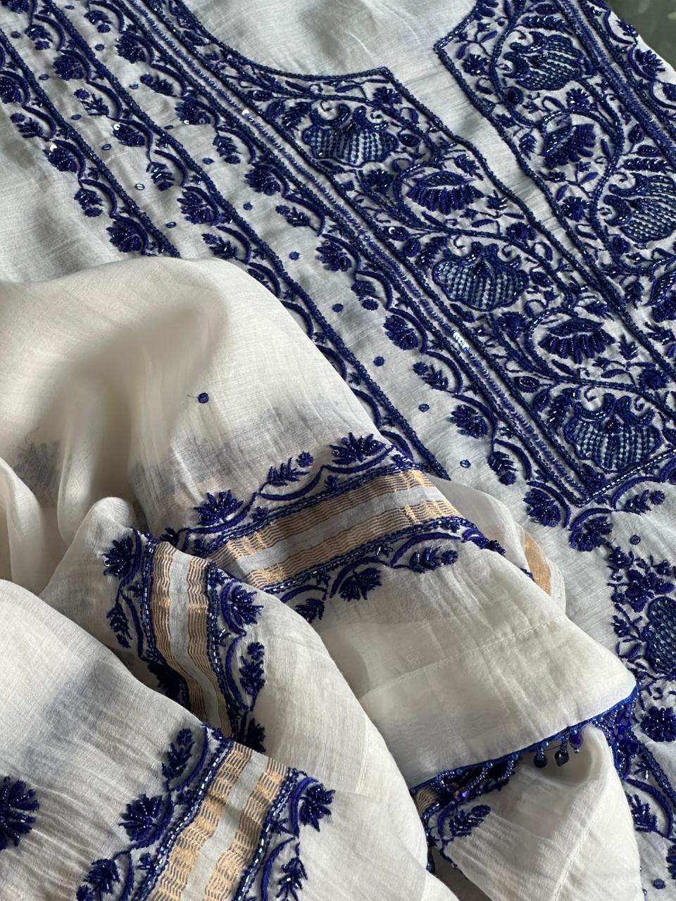Indigo White Mal Chanderi Silk Chikankari Unstitched Fabric