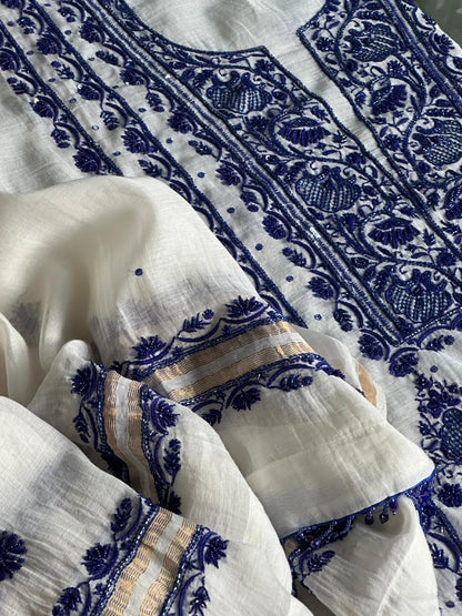 Indigo White Mal Chanderi Silk Chikankari Unstitched Fabric