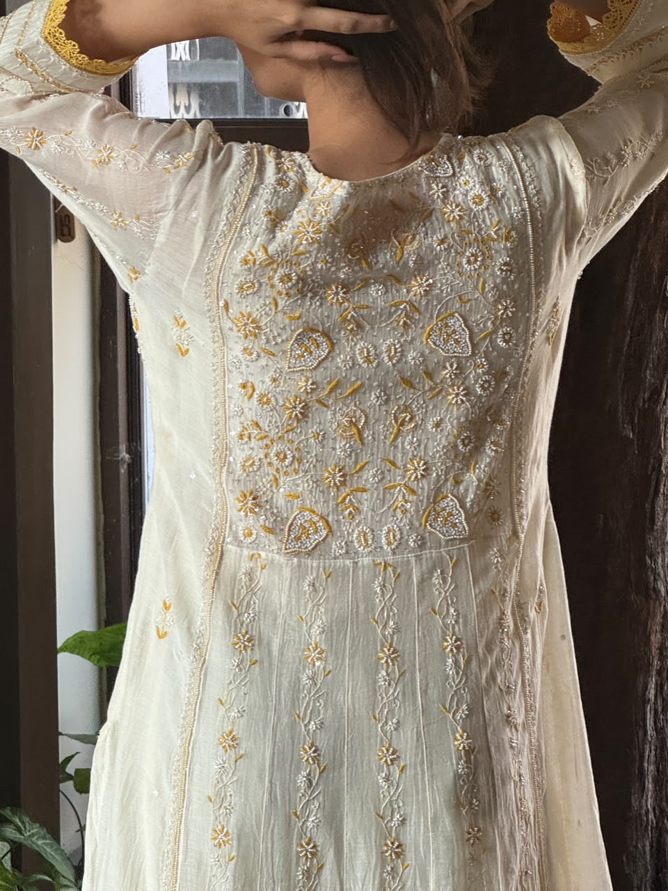 Off White & Yellow Malmal Pearl Work Chikankari Kalidar Kurta Set