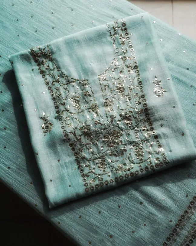 Sea Green Chanderi Silk Mukaish Badla Unstitched Fabrics