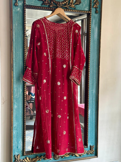 Cherry Red Shade Mukaish Mul Chanderi Silk Dress
