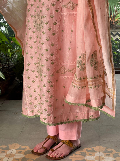 Applique Mahi Motif Soft Pink Mal Chanderi Chikankari Kurta Set