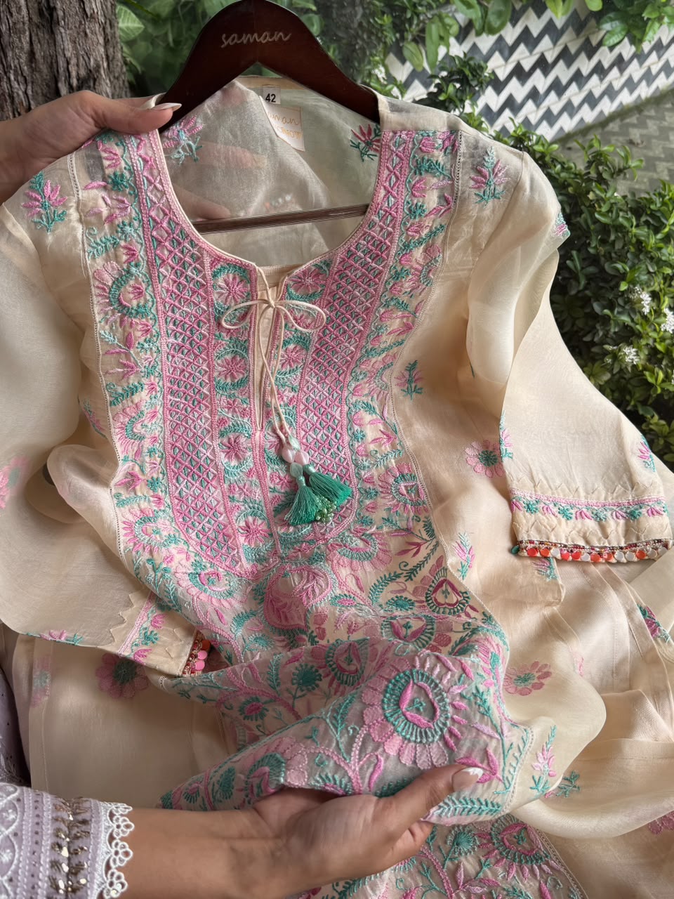 Noor Multi Coloured Chikankari Organza Kurta Set