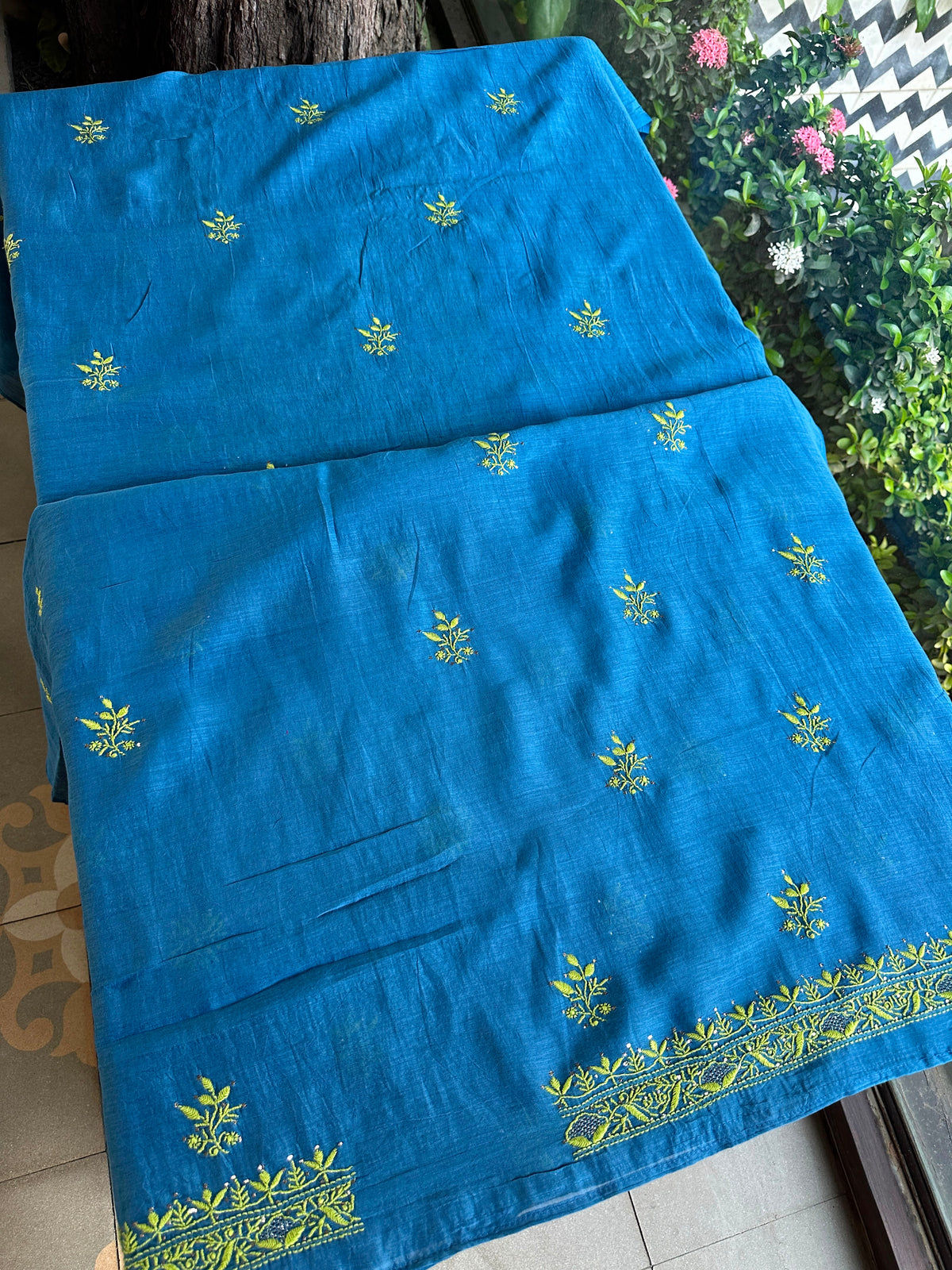 Blue & Green Shade Mal Cotton Chikankari Unstitched Kurta Dupatta Fabric With Mukaish Badla