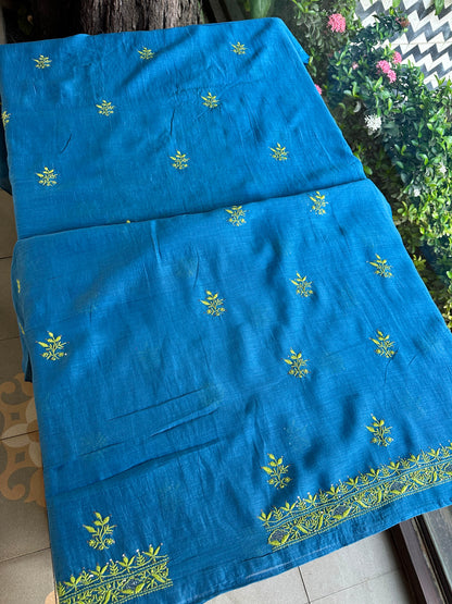 Blue & Green Shade Mal Cotton Chikankari Unstitched Kurta Dupatta Fabric With Mukaish Badla