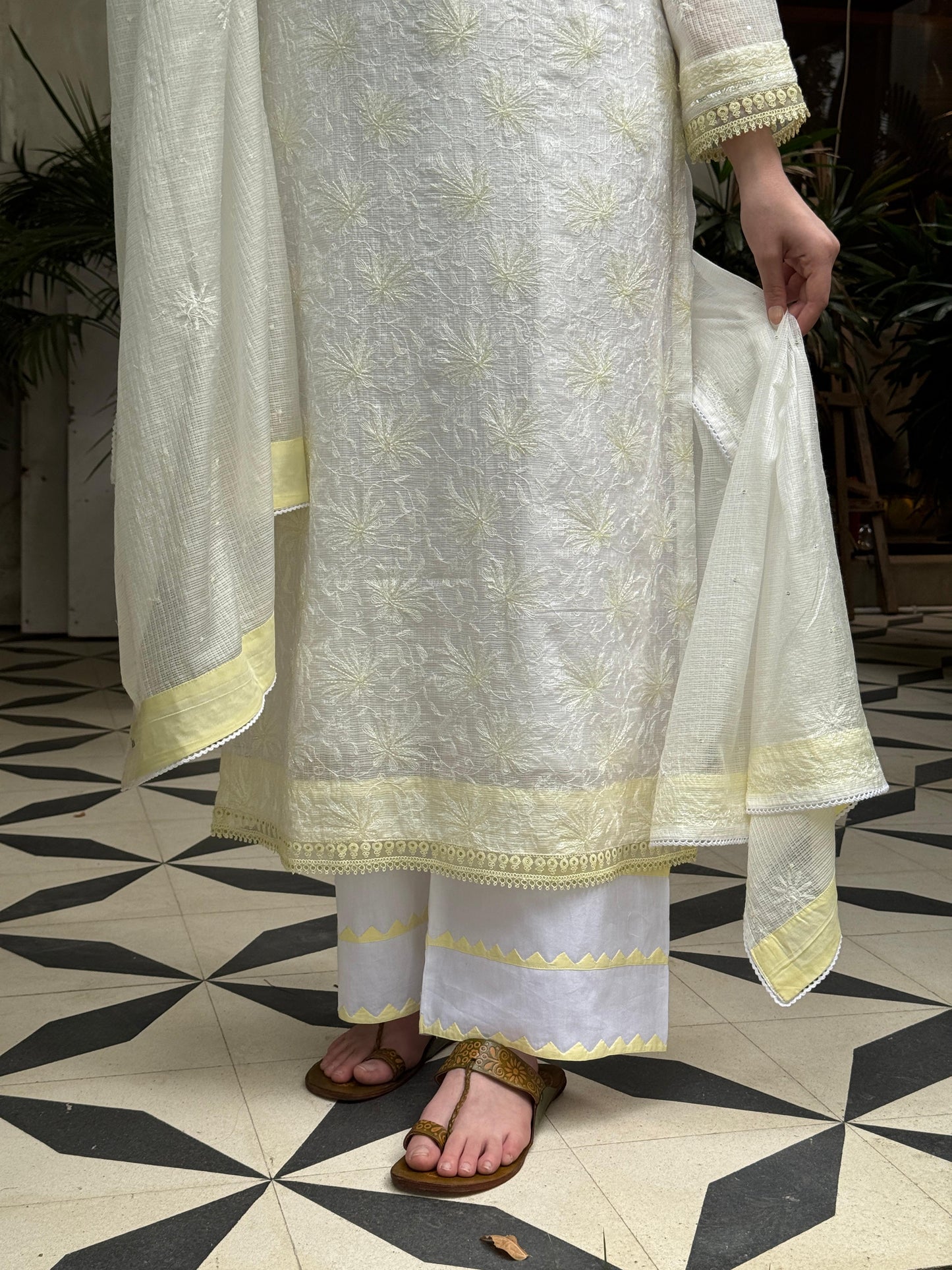 White & Lemon Shade Kota Pearl Work Chikankari Kurta Set