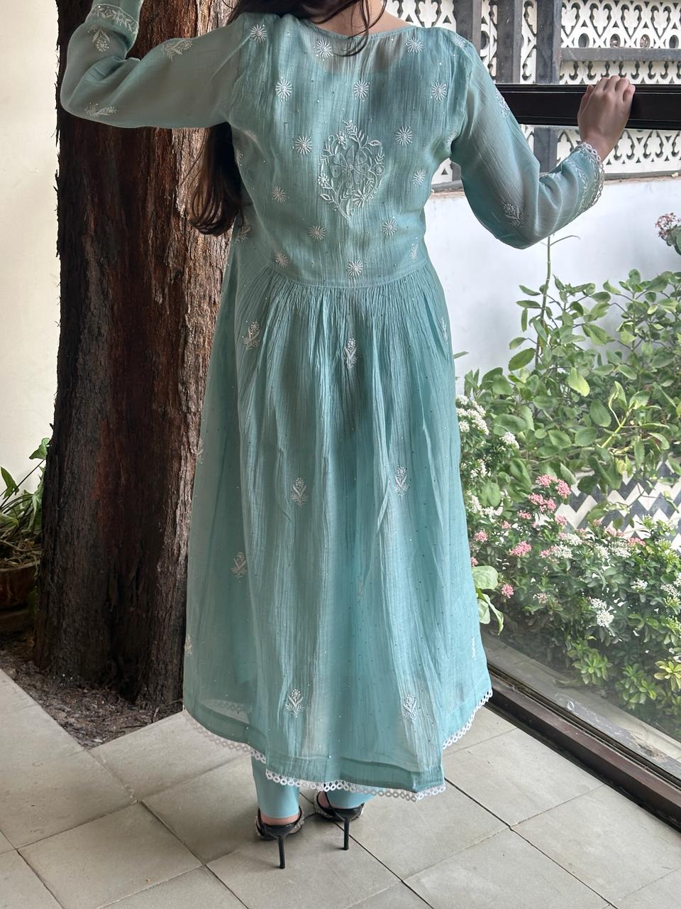 Light Blue Shade Malmal Mukaish Kamdani Chikankari Ready to Wear