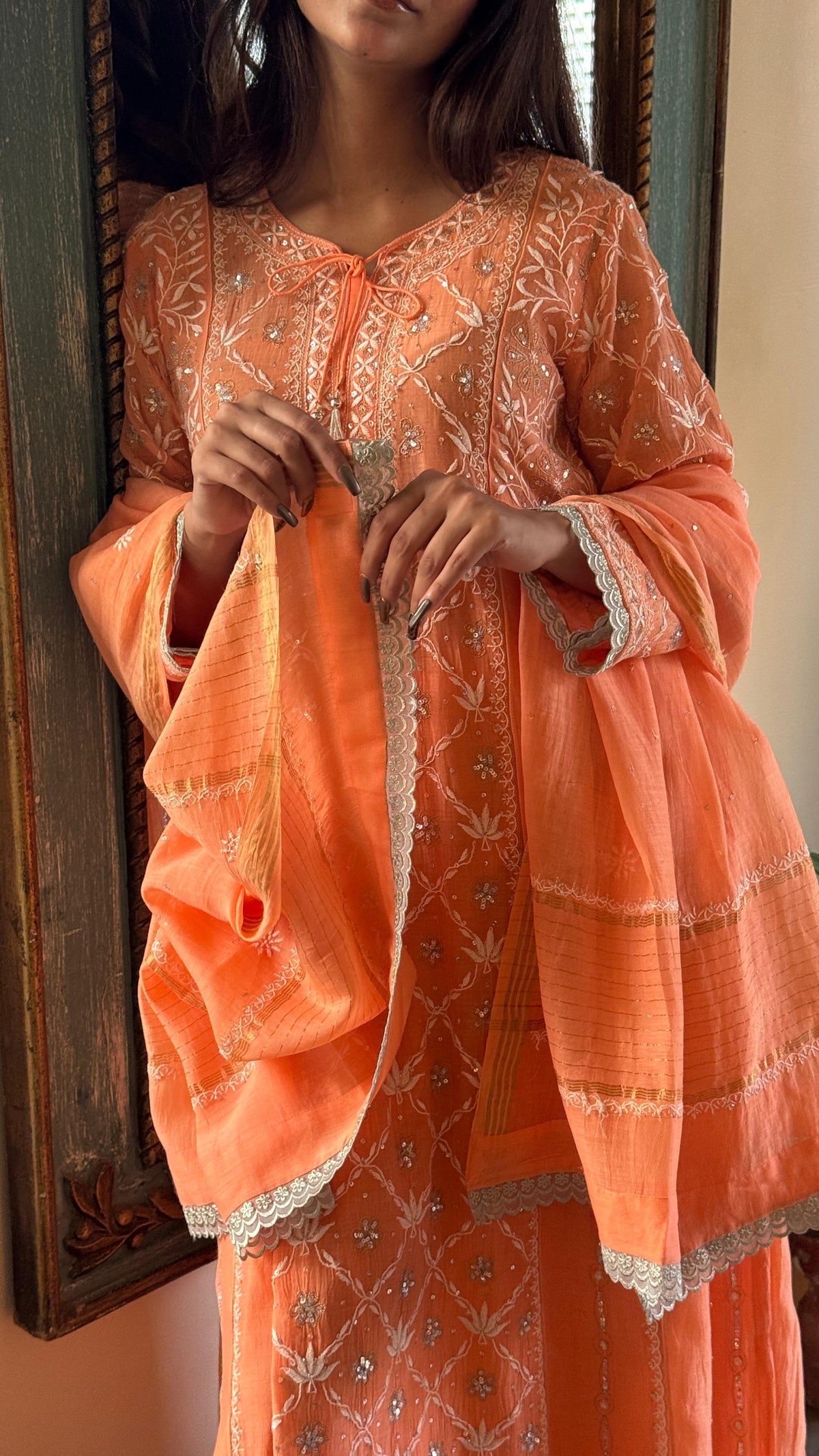 Coral Orange Malmal Pearl Work Chikankari A Line Kalidar Kurta With Dupatta
