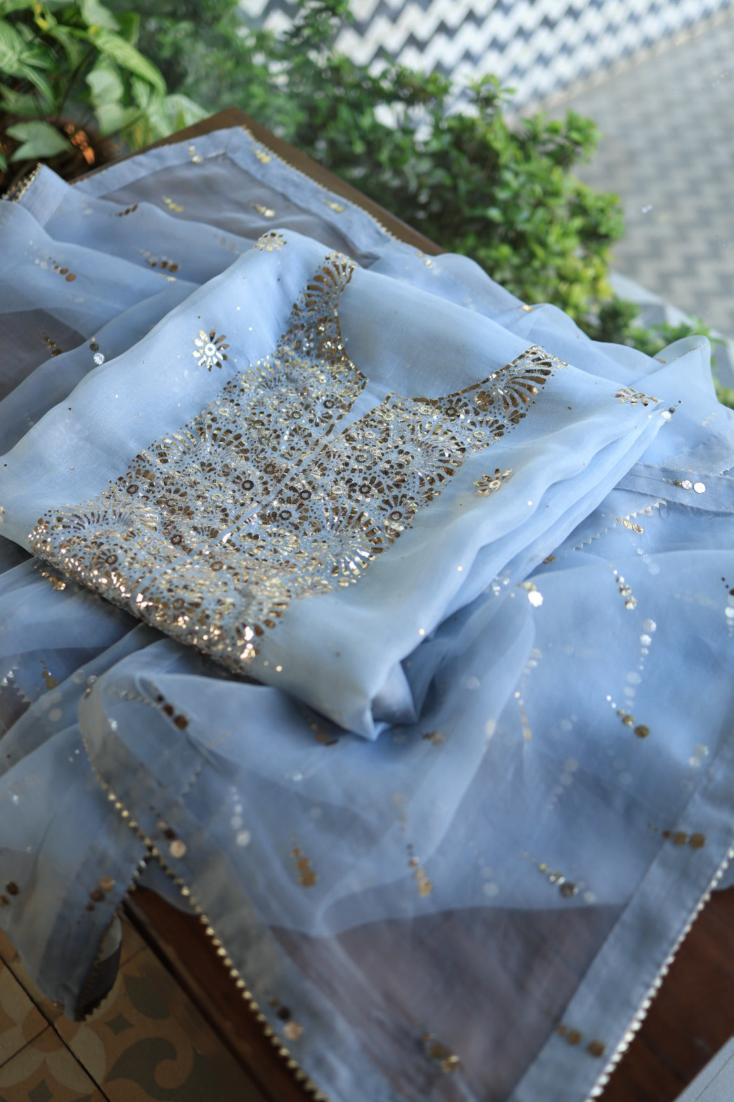 Powder Blue Shade Noor Organza Silk Badla Unstitched Kurta Dupatta Set