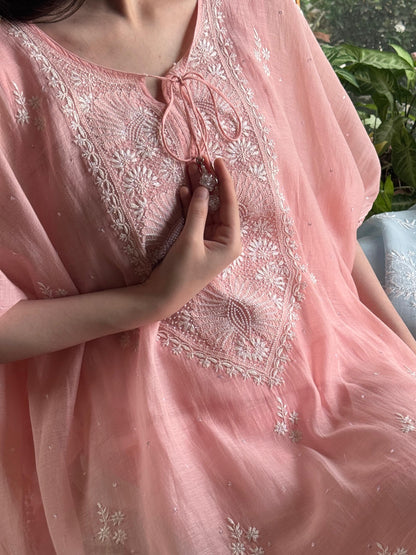 Pink Malmal Sequinned Chikankari Kaftan