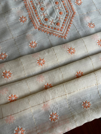 Cream Shade Tissue Zari Kota Chikankari Unstitched Fabric
