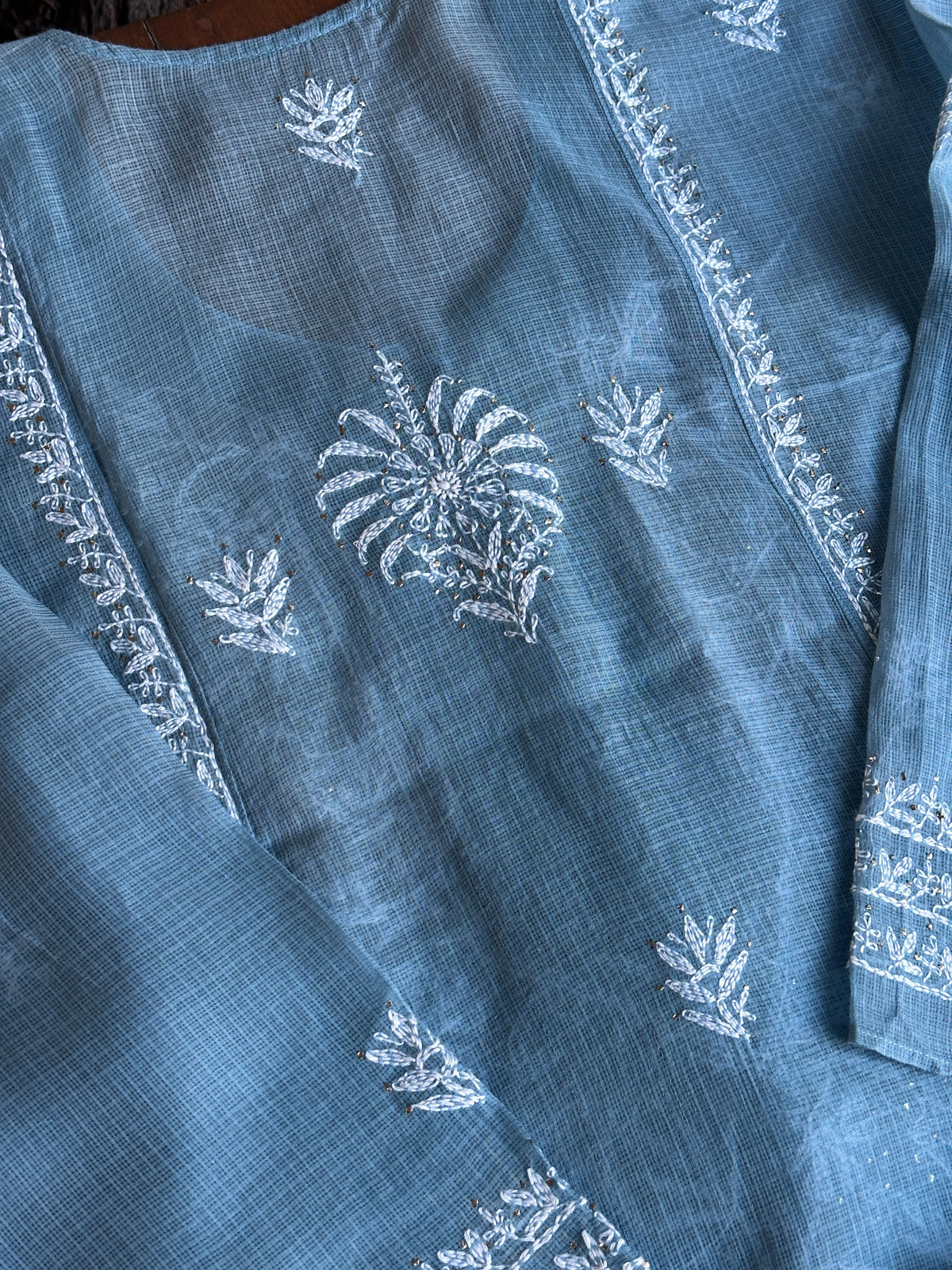 Blue Shade Semi Stitched Kota Tepchi Chikankari Kurta Dupatta Set