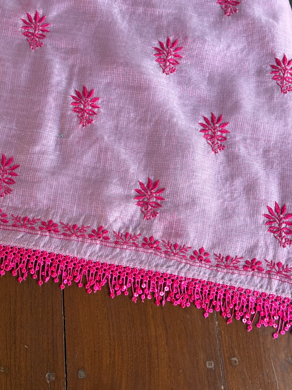 Mauve Pink Shade Kota Chikankari Unstitched Suit Fabric
