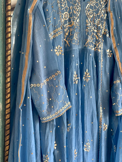 Powder Blue Shade Mukaish Mul Chanderi Silk Dress